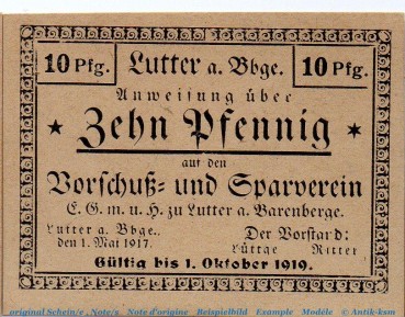 Notgeld Vorschußverein Lutter 4315.05.10 , 10 Pfennig braungrau in kfr. von 1917 , Braunschweig Verkehrsausgabe