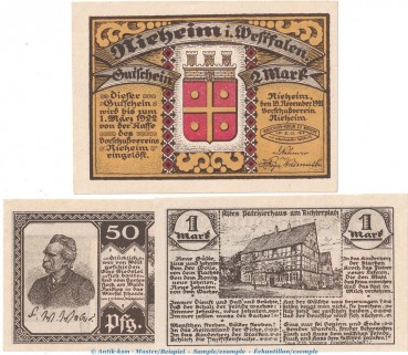 Notgeld Vorschußverein Nieheim 972.1 , Set mit 3 Scheinen in kfr. von 1921 , Westfalen Seriennotgeld