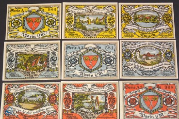 Notgeld Warin , Satz mit 9 Scheinen , Mehl Grabowski 1378.1 , Mecklenburg Vorpommern Seriennotgeld