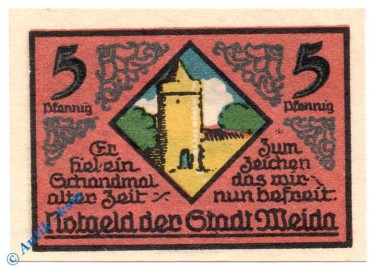 Notgeld Weida , 5 Pfennig es fiel ein Schandmal , Mehl Grabowski 1391.2 , von 1921 , Thüringen Serien Notgeld