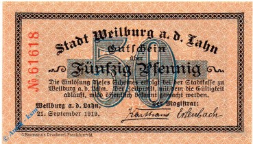 Notgeld Weilburg , 50 Pfennig Schein , Tieste 7770.05.15 , von 1919 , Hessen Verkehrsausgabe