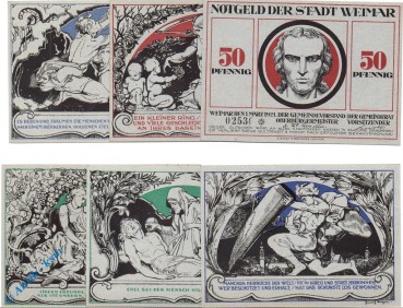 Notgeld Weimar , Goethe und Schiller , Set mit 6 Scheinen , Mehl Grabowski 1398.4 a , von 1921 , Thüringen Seriennotgeld
