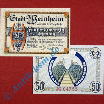 Notgeld Weinheim , Satz mit 2 Scheinen , Tieste 7780.01 und 02 , von 1918 , Baden Verkehrsausgabe