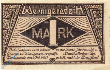 Notgeld Wernigerode , Stadthallenbau , 1 Mark Schein , Mehl Grabowski 1408.1 , Sachsen Anhalt Seriennotgeld