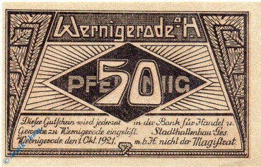 Notgeld Wernigerode , Stadthallenbau , 50 Pfennig Schein , Mehl Grabowski 1408.1 , Sachsen Anhalt Seriennotgeld