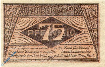 Notgeld Wernigerode , Stadthallenbau , Einzelschein über 75 Pfennig , Mehl Grabowski 1408.1 , Sachsen Anhalt Seriennotgeld