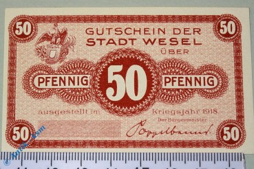 Notgeld Wesel , 50 Pfennig Musterschein Ohne Kennummer , Tieste 7840.05.06.M , von 1918 , Rheinland Verkehrsausgabe