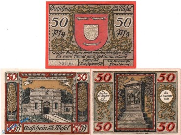 Notgeld Wesel , Stadtansichten , Set mit 3 Scheinen in kfr. Mehl Grabowski 1409.1 , von 1921 , Westfalen Seriennotgeld