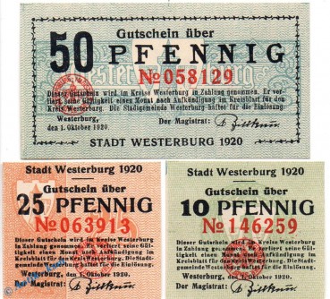 Notgeld Westerburg , Set mit 3 Scheinen in kfr. Tieste 7850.02.20-22 , von 1920 , Hessen Verkehrsausgabe