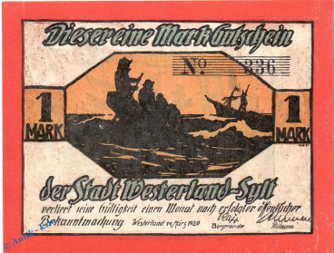 Notgeld Westerland Sylt , 1 Mark Schein in kfr. Mehl Grabowski 1418.1 b , Schleswig Holstein Seriennotgeld