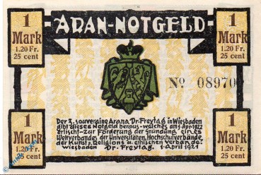 Notgeld Wiesbaden , Dr. Freytag , 1 Mark Schein , Mehl Grabowski 1425.1 , von 1921 , Hessen Seriennotgeld