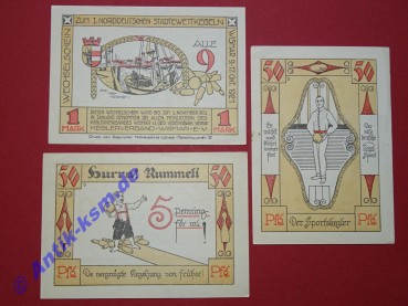 Notgeld Wismar , Stadt , Keglerverband Wismar e. v. , Mecklenburg Vorpommern , vollständiger Satz mit 3 Scheinen , Seriennotgeld , 1437.1 , von 1921