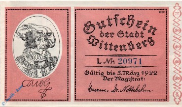 Notgeld Stadt Wittenberg 1443.3 , 50 Pfennig Schein -L- in kfr. o.D. Sachsen Anhalt Seriennotgeld