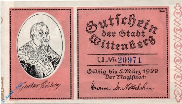 Notgeld Wittenberg , 50 Pfennig Schein U , Mehl Grabowski 1443.3 , von 1922 , Sachsen Anhalt Seriennotgeld