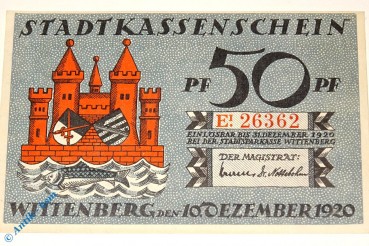 Notgeld Wittenberg , decret , Sachsen Anhalt , Einzelschein über 50 Pfennig E1 , Mehl Grabowski 1443.1 , von 1920 , Seriennotgeld