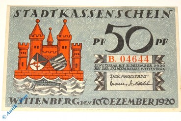 Notgeld Stadt Wittenberg 1443.2 , 50 Pfennig Schein B -dekret- in kfr von 1920 , Sachsen Anhalt Seriennotgeld