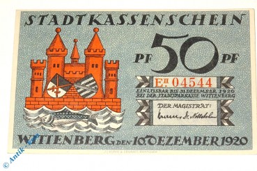 Notgeld Stadt Wittenberg 1443.2 , 50 Pfennig Schein E2 -dekret- in kfr von 1920 , Sachsen Anhalt Seriennotgeld