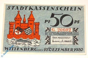 Notgeld Stadt Wittenberg 1443.2 , 50 Pfennig Schein G -dekret- in kfr von 1920 , Sachsen Anhalt Seriennotgeld