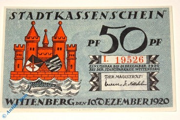 Notgeld Stadt Wittenberg 1443.2 , 50 Pfennig Schein i -dekret- in kfr von 1920 , Sachsen Anhalt Seriennotgeld