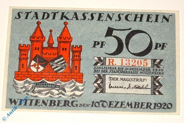 Notgeld Stadt Wittenberg 1443.2 , 50 Pfennig Schein R -dekret- in kfr von 1920 , Sachsen Anhalt Seriennotgeld