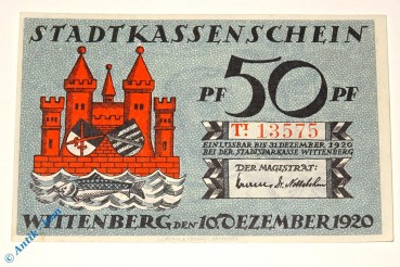 Notgeld Stadt Wittenberg 1443.2 , 50 Pfennig Schein T1 -dekret- in kfr von 1920 , Sachsen Anhalt Seriennotgeld
