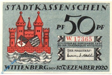 Notgeld Stadt Wittenberg 1443.2 , 50 Pfennig Schein W -dekret- in kfr von 1920 , Sachsen Anhalt Seriennotgeld