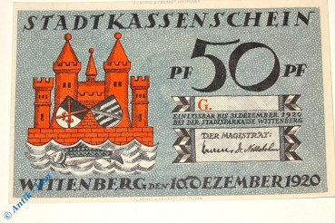 Notgeld Wittenberg , dekret , Einzelschein über 50 Pfennig G Ohne Kennummer , nicht im Mehl Grabowski , von 1920 , Sachsen Anhalt Seriennotgeld