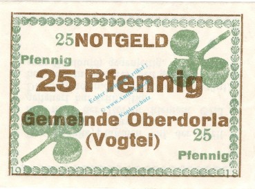 Oberdorla , Notgeld 25 Pfennig Schein in unc-kfr. Ti.5225.05.025 , Thüringen 1918 Verkehrsausgabe