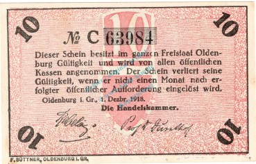 Preview: Oldenburg , Notgeld 10 Pfennig Schein in unc-kfr. Ti.5370.05.01 , Niedersachsen 1918 Verkehrsausgabe