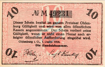 Oldenburg , Notgeld 10 Pfennig Schein unc-kfr. Ti.5370.05.15 , Niedersachsen 1918 VOldenburg , Notgeld 10 Pfennig Schein unc-kfr. Ti.5370.05.15 , Niedersachsen 1918 Verkehrsausgabeerkehrsausgabe
