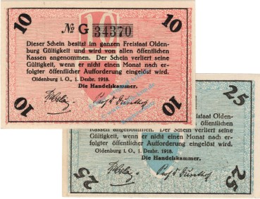 Oldenburg , Notgeld Set mit 2 Scheinen in unc-kfr. Ti.5370.05.10-11 , Niedersachsen 1918 Verkehrsausgabe