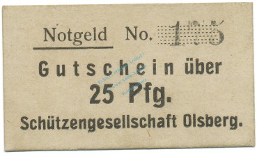 Olsberg , Notgeld 25 Pfennig Schein unc-kfr. Tieste 5385.05.01 , Westfalen o.D. Verkehrsausgabe