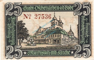 Preview: Oschersleben , Notgeld 25 Pfennig Schein KN-5 unc-kfr. M-G 1028.2.b , Sachsen Anhalt 1920 Seriennotgeld
