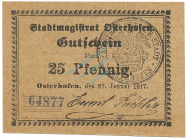 Notgeld Osterhofen , Einzelschein üaber 25 Pfennig , Tieste 5445.180 , von 1917 , Bayern Verkehrsausgabe