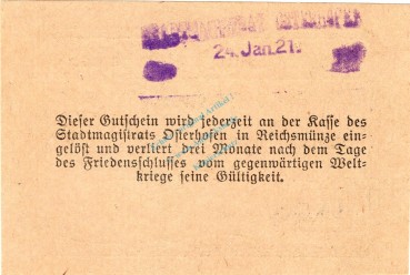 Preview: Osterhofen , Notgeld 25 Pfennig Schein unc-kfr. Ti.5445.05.165 , Bayern 1917 Verkehrsausgabe