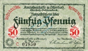 Osterholz , Notgeld 50 Pfennig Schein -C- unc-kfr. Ti.5450.05.21 , Niedersachsen 1921 Verkehrsausgabe