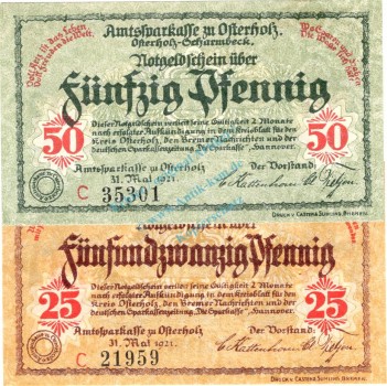 Osterholz , Notgeld Set mit 2 Scheinen -C- unc-kfr. Ti.5450.05.20-21 , Niedersachsen 1921 Verkehrsausgabe