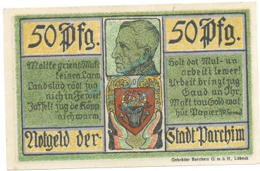 Parchim , Notgeld 50 Pfennig Schein unc-kfr. Tieste 5500.05.15 , MVS 1921 Verkehrsausgabe -4143-