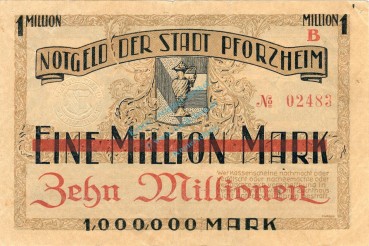Pforzheim , Überdruck 10 Millionen Mark Schein gbr. Keller 4292.g , Baden 1923 Inflation