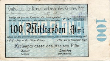 Plön , Banknote 100 Milliarden Mark Schein gbr. Keller 4348.f , Schleswig Holstein 1923 Inflation