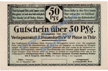 Plaue , Notgeld 50 Pfennig MUSTER Schein in kfr. Tieste 5650.05.02.M Thüringen 1920 Verkehrsausgabe
