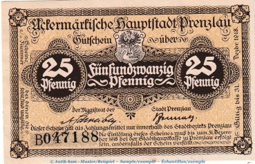 Prenzlau , Tieste 5755.10.05 Notgeld 25 Pfennig Schein in kfr. o.D. Brandenburg Verkehrsausgabe