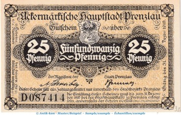 Prenzlau Tieste 5755.10.20 , Notgeld 25 Pfennig Schein D in kfr. o.D. Brandenburg Verkehrsausgabe