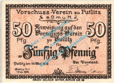Putlitz , Notgeld 50 Pfennig Schein in kfr. Tieste 5815.10.16 , Brandenburg 1918 Verkehrsausgabe