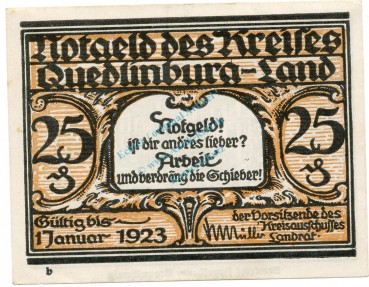 Quedlinburg , Notgeld 25 Pfennig Schein -B- unc-kfr. M-G.1089.1.b , SA o.D. Seriennotgeld -5832-