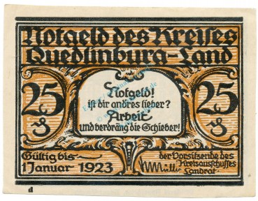 Quedlinburg , Notgeld 25 Pfennig Schein -D- unc-kfr. M-G.1089.1.b , SA o.D. Seriennotgeld -5831-