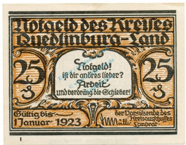 Quedlinburg , Notgeld 25 Pfennig Schein -L- unc-kfr. M-G.1089.1.b , SA o.D. Seriennotgeld -5834-Quedlinburg , Notgeld 25 Pfennig Schein -L- unc-kfr. M-G.1089.1.b , SA o.D. Seriennotgeld -5834-