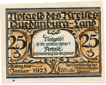 Quedlinburg , Notgeld 25 Pfennig Schein -N- unc-kfr. M-G.1089.1.a , SA o.D. Seriennotgeld -5829-
