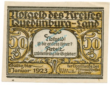 Quedlinburg , Notgeld 50 Pfennig Schein -G- unc-kfr. M-G.1089.1.a , SA o.D. Seriennotgeld -5835-