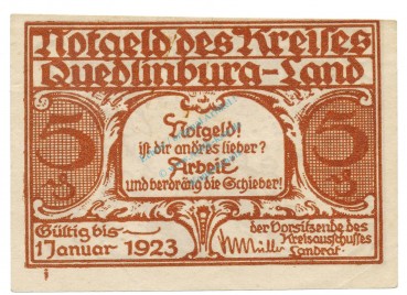 Quedlinburg , Notgeld 5 Pfennig Schein -i- unc-kfr. M-G.1089.1.a , SA o.D. Seriennotgeld -5835-